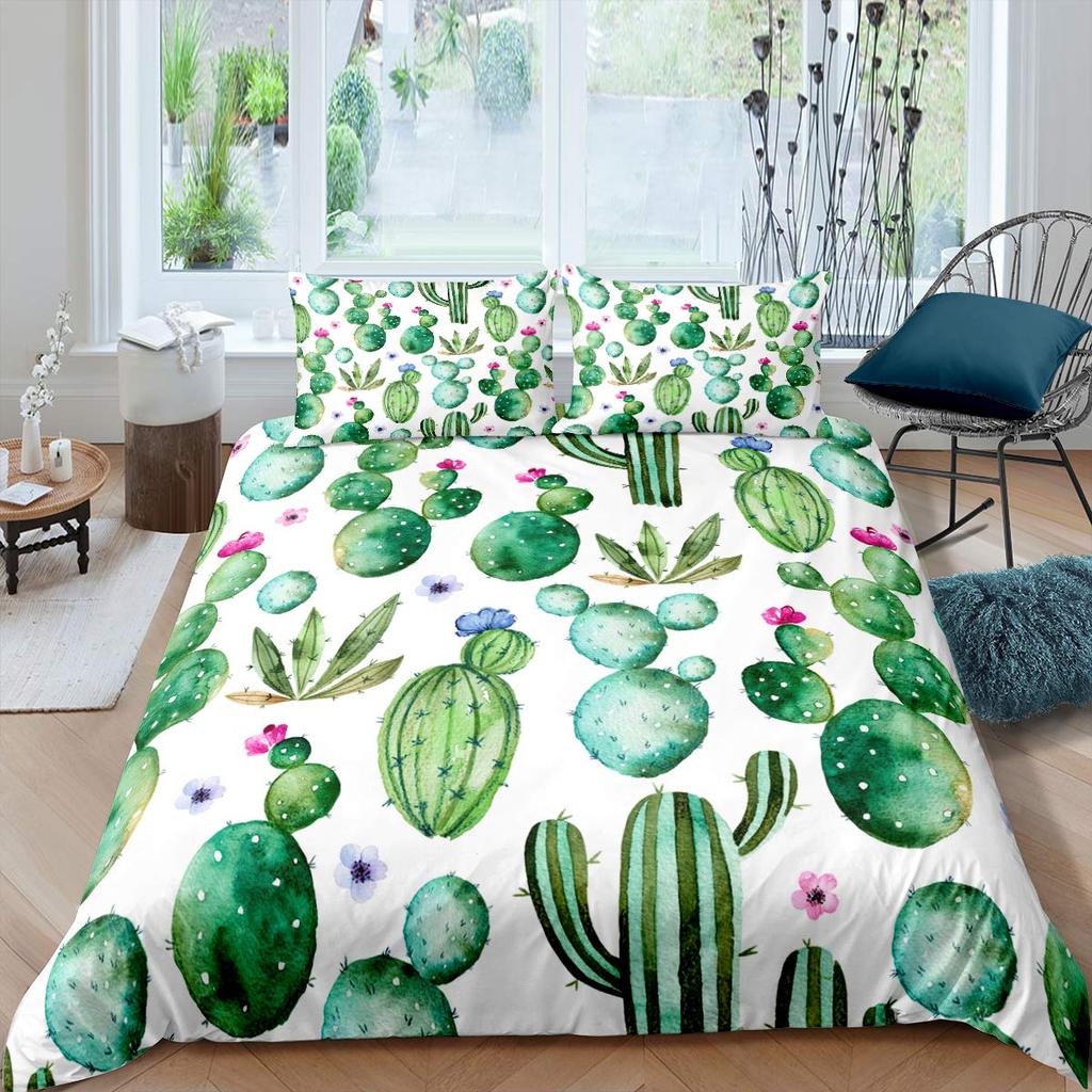 Tropical Botanical Bedding Set Bulbous Cactus Sketch Drawing Comforter Cover Cute Desert Plants Duvet Cover Flower Quilt Cover