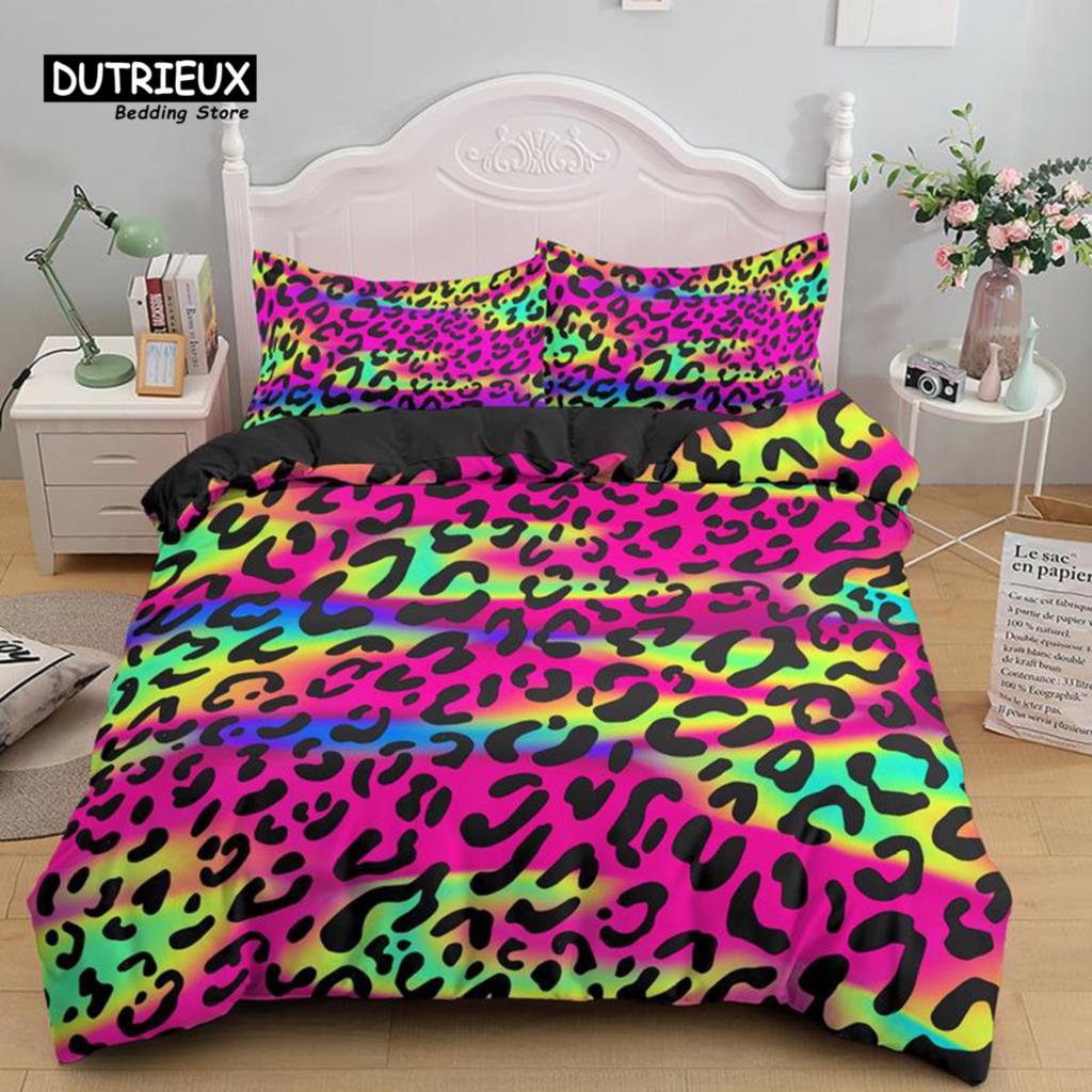 Colorful Leopard Print Bedding Set Microfiber Animal Skin Pattern Print Duvet Cover For Teens Adults Pillowcases Bedroom Decor