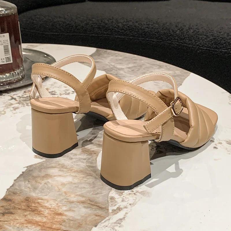 Fashion Outside Solid Med Heel Sandals for Women 2024 New Hot Sale Summer Fashion Ladies Shoes Square Heel Rubber Pu Women's Sandals