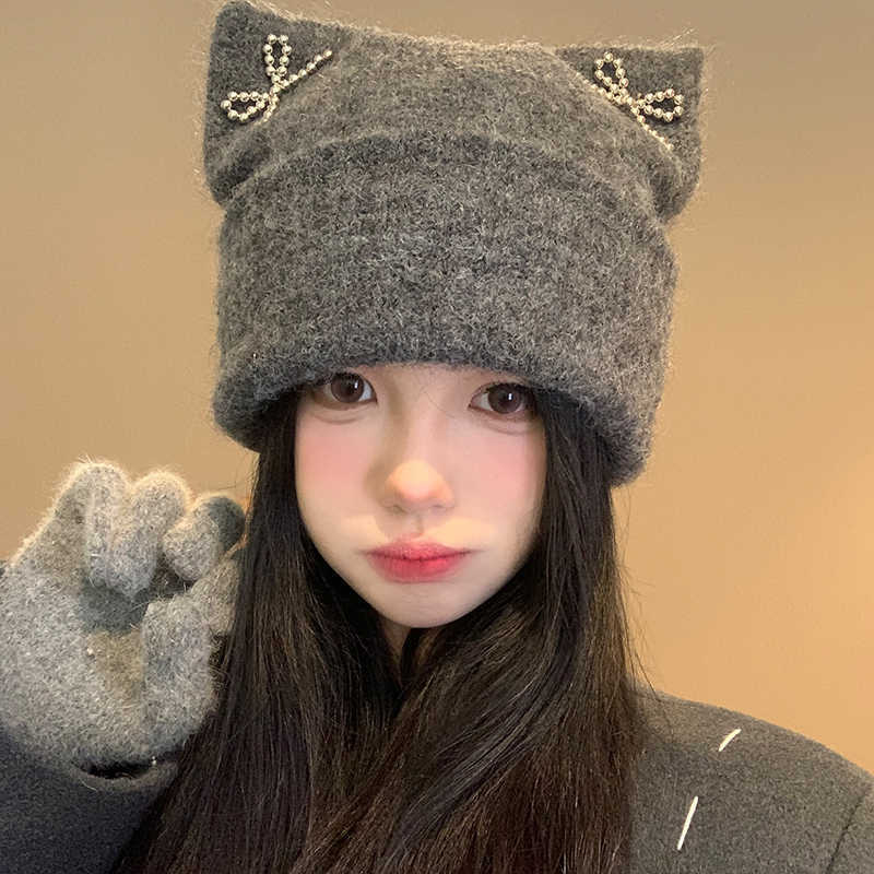 Korean Cute Cat Ear Wool Hat for Women In Autumn and Winter New Windproof Warm Pullover Hat Big Head Circumference Pile Hat Trendy