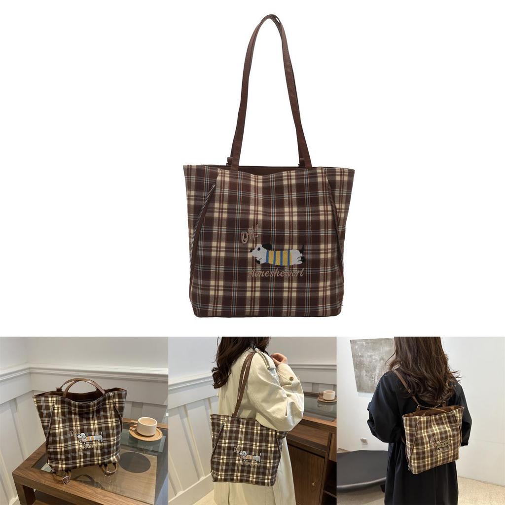 Stylish High-quality Tote Bag For Women In Trendy Plaid Design With Cartoon Dog Print