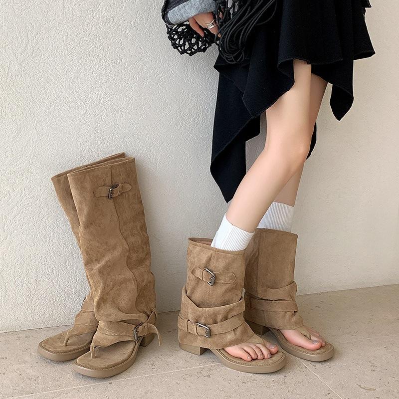 Spot~ Open-toed flip-flops summer cool boots square head flat bottom inner heightening pile boots western cowboy boots