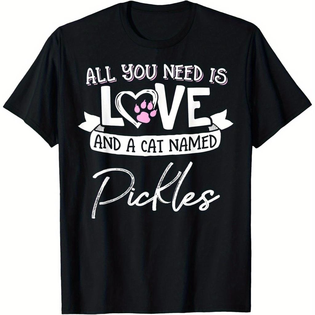 Cat Named Pickles Love Graphic Tee Soft Cotton Crew Neck T-Shirt for Cat Lovers