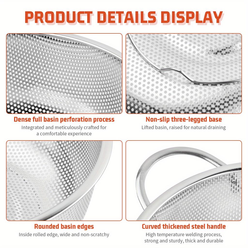 All Purpose Stainless Steel Fine Mesh Strainer Net Baskets with Handles Resting Base Colander Set Kitchen Supplies