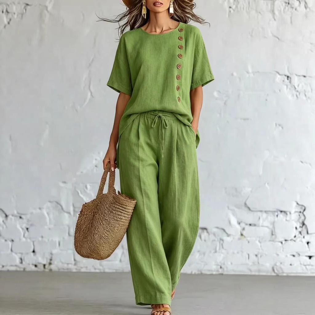 Women's Fashion Round Neck Short Sleeved Top With Elastic Waist, Casual Loose Wide Leg Pants Two-piece Set