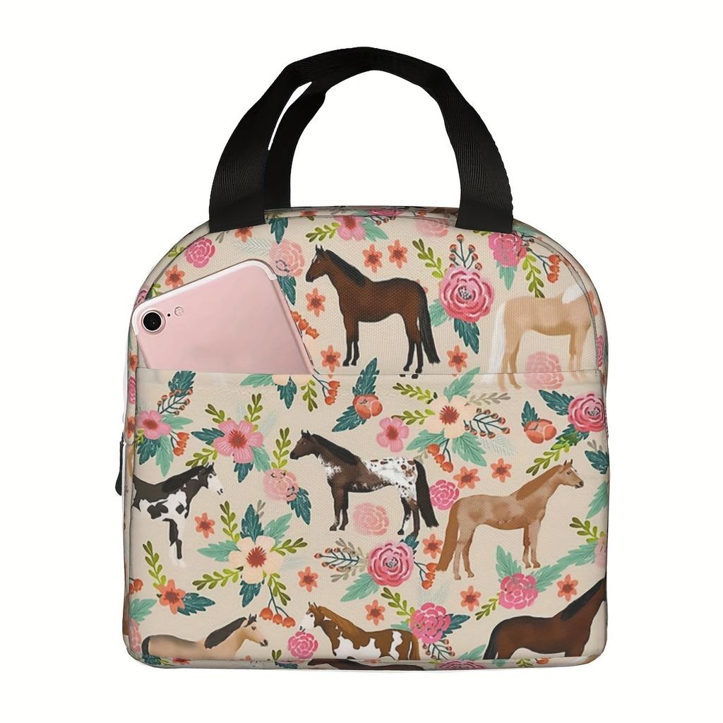 1 Stück DRONENPILOT Isolierte Lunchtasche, Blumen- & Mehrfarbiges Pferde-Design, Wasserdichte Oxford-Stoff Kühlertasche, Handwaschbar Therma