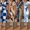 Sommer Neu Bedrucktes V-Ausschnitt Lässiges Sexy Langes Kleid Damen Hohe Taille Schlanke Passform Elegante Kleider Damen Vintage Gestreiftes Büro Damen Party Club Kleid 26270