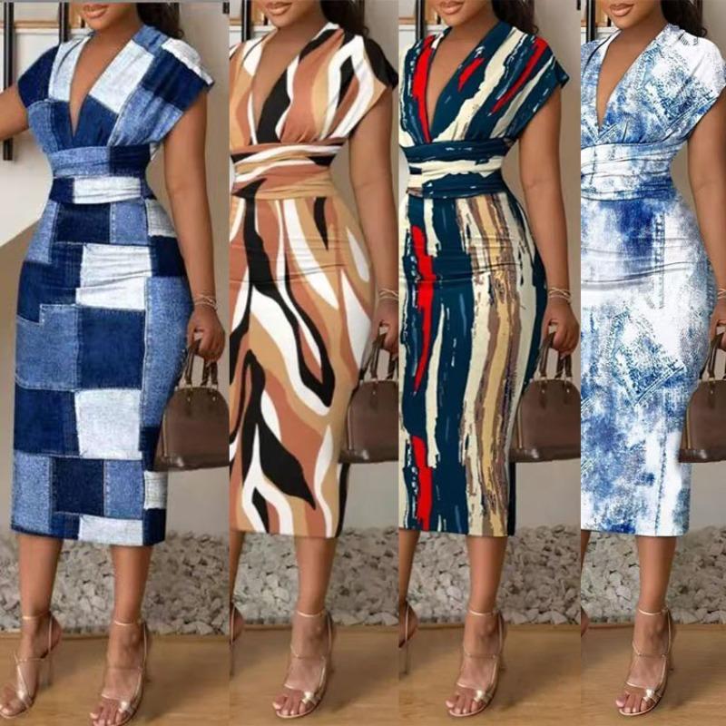 Sommer Neu Bedrucktes V-Ausschnitt Lässiges Sexy Langes Kleid Damen Hohe Taille Schlanke Passform Elegante Kleider Damen Vintage Gestreiftes Büro Damen Party Club Kleid 26270