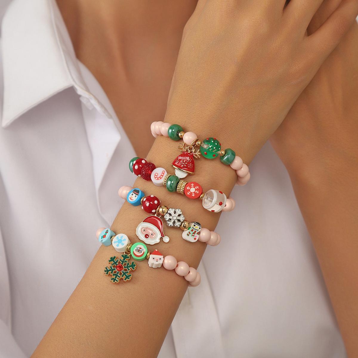 

Cross-border Christmas Beaded Elastic Bracelet with Snowflake & Santa Claus - Multi-layer Creative Jewelry Design for Women