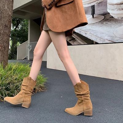 Women's Boots Quality Handmade Western Cowboy Boots Autumn Pointed Toe Thick Heel Ankle Boots Woman Loose PU Leather Botas Mujer