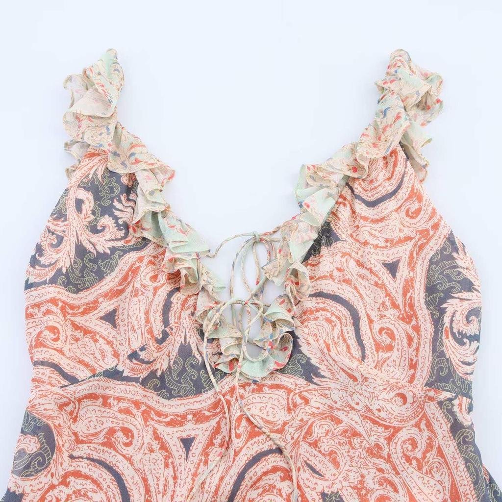 European American Style Sleeveless Floral Dress with Unique Pattern