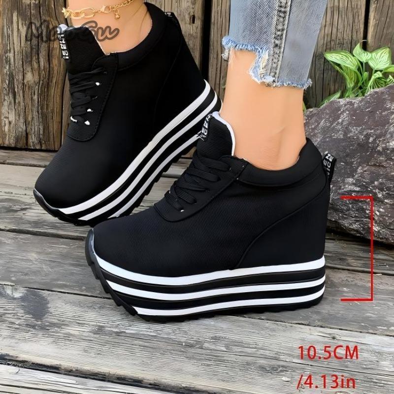 Dicke Sohle Plateau Damen Casual Sneaker Schwarz Weiß Colorblock Schnürschuhe Herbst Höhenvergrößernd Outdoor Damenschuhe