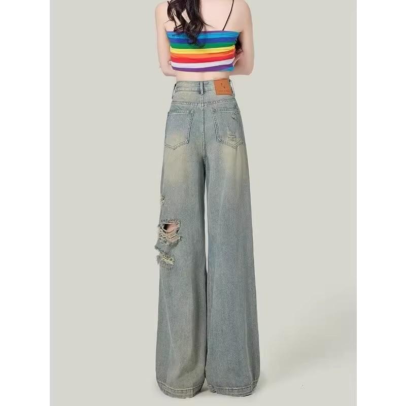 Plus Size High Waist Wide-Leg Ripped Jeans for Women - Summer 2025 New Arrivals, Slimming Drape, Floor-Length Pants for Chubby Girls