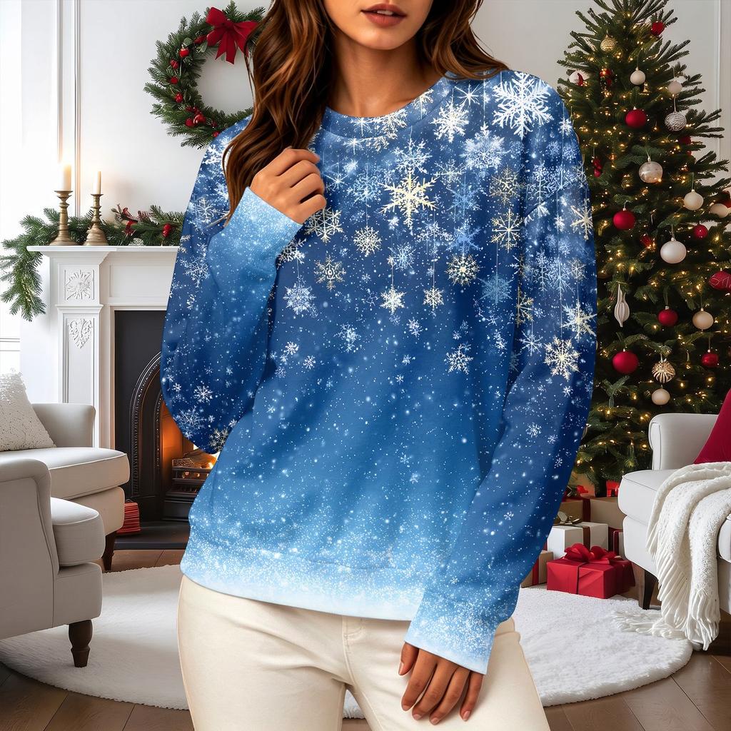 Women's Casual Long Sleeve Crewneck Sweatshirt with Christmas Print for Holiday