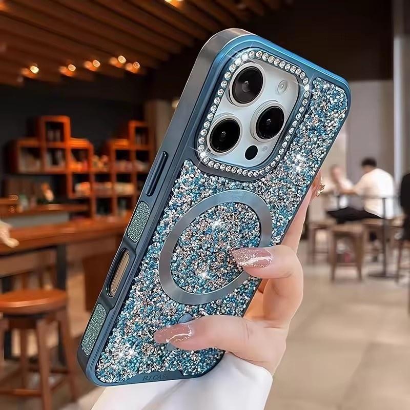Plating Sparkling Rhinestone Diamond Bling Magnetic for MagSafe Case For iPhone 17 16 15 14 Pro Max Shockproof Luxury Back Cover