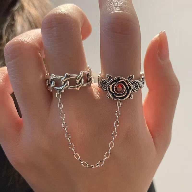 

2 Pieces/set of Retro Punk Style Thorn Rose Flower Chain Rings, Women s Personalized Trendy Holiday Party Gifts resizable
