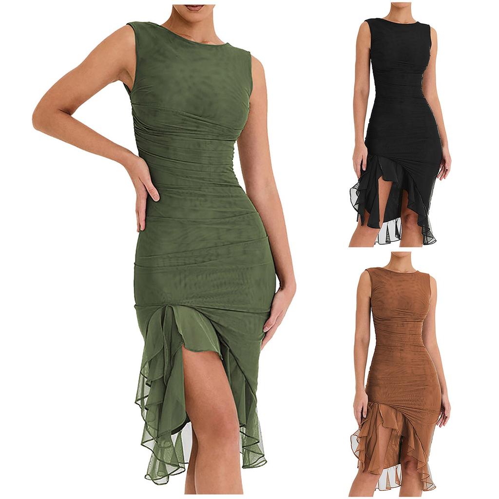 Ladies Sexy Tight Open Back Pleated Midi Dress Sleeveless Irregular Hem Dress Slim Dress