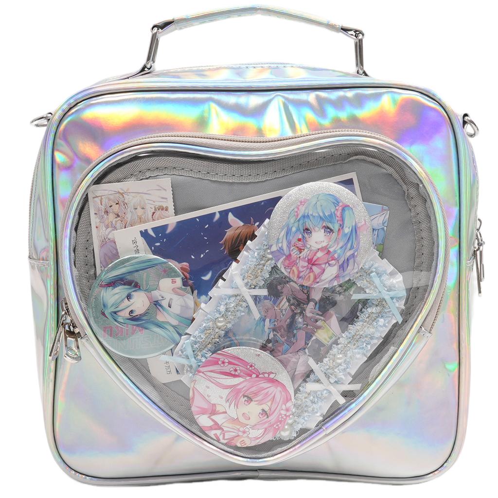 Holographic PU Leather Cute Heart Pin Display ITA Bag Girls Student Rucksack Crossbody Itabag Female Lolita Purse School Bag