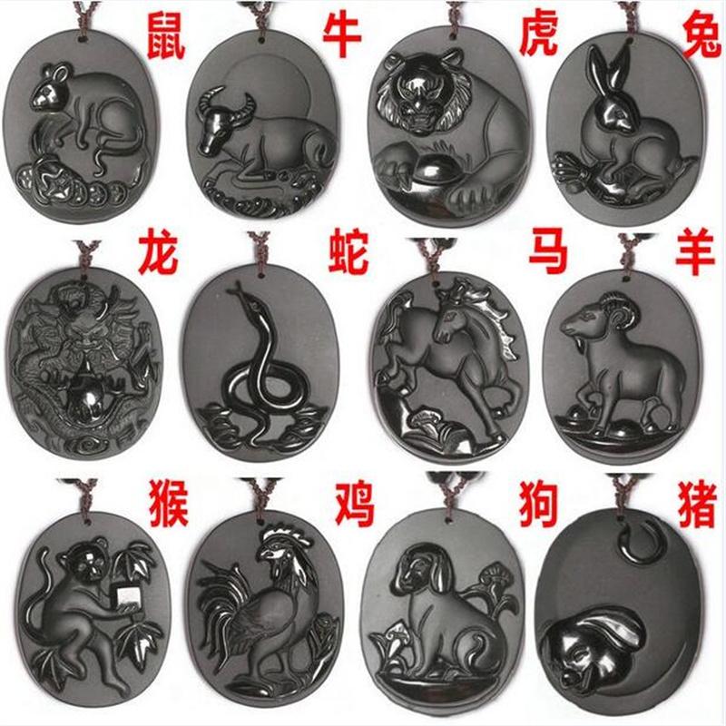 Naturalny Czarny Obsydian Rzeźbiony Chiński Starożytny Dwanaście Zwierząt Zodiaku Szczęśliwy Amulet Wisiorek Koraliki Naszyjnik Modny Prezent Biżuteria