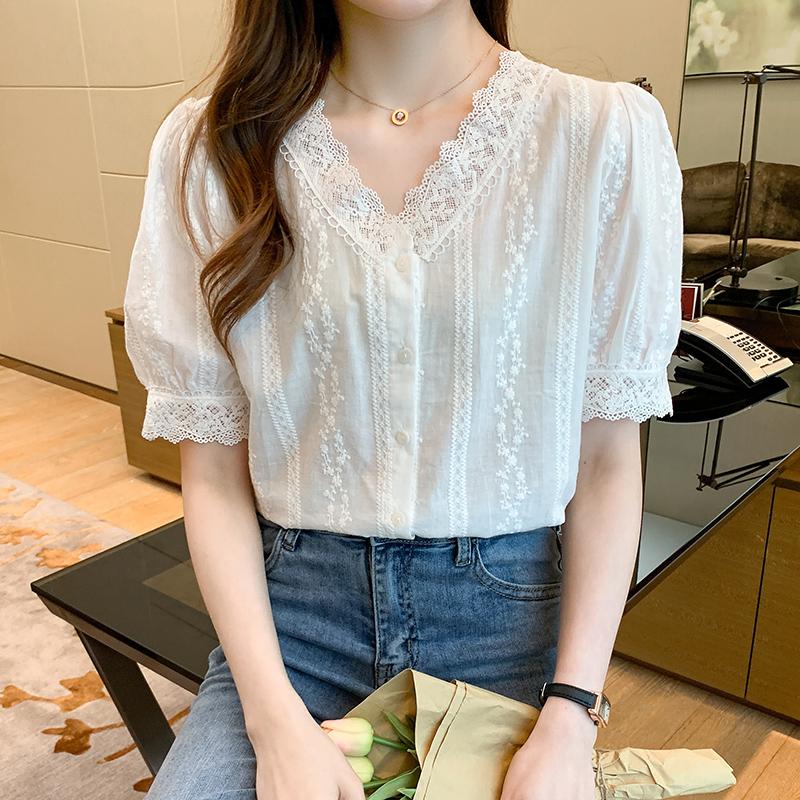Sommer Kurzarm Spitze V-ausschnitt Bluse Shirt Frauen Tops J179