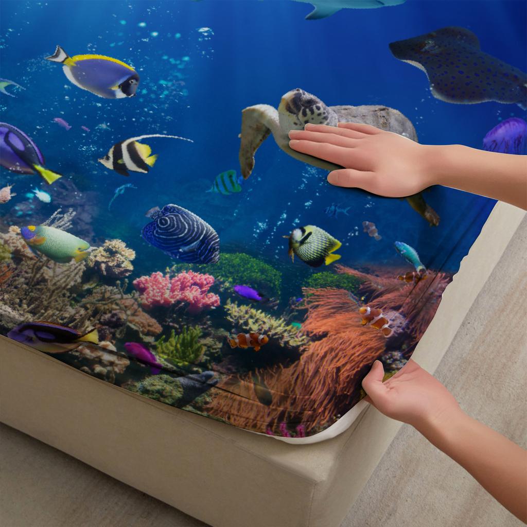 Ocean View Fitted Sheet Set Blue Underwater Sea Life Coral Reef Fish And Turtle Print Bedding With Pillowcases For Bedroom