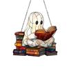 Halloween Reading Ghost Hanging Sign Wooden Bathing Cartoon Ghost Round Sign Indoor Outdoor Porch Door Hanger Wall Hanging Decoration