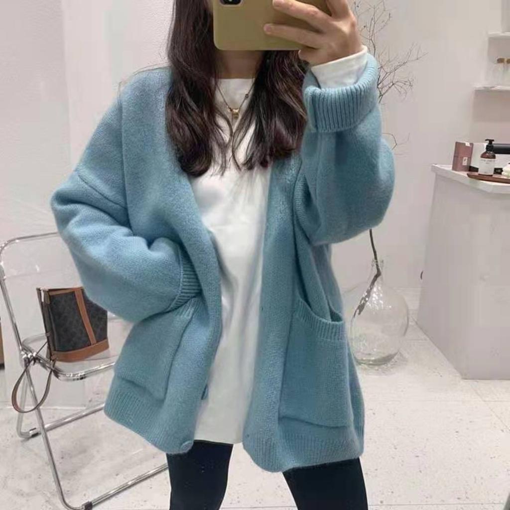 Korean Spring and Autumn Sweater Women's Wear Loose Western Style Lazy Style Solid Color Knitted Cardigan Coat