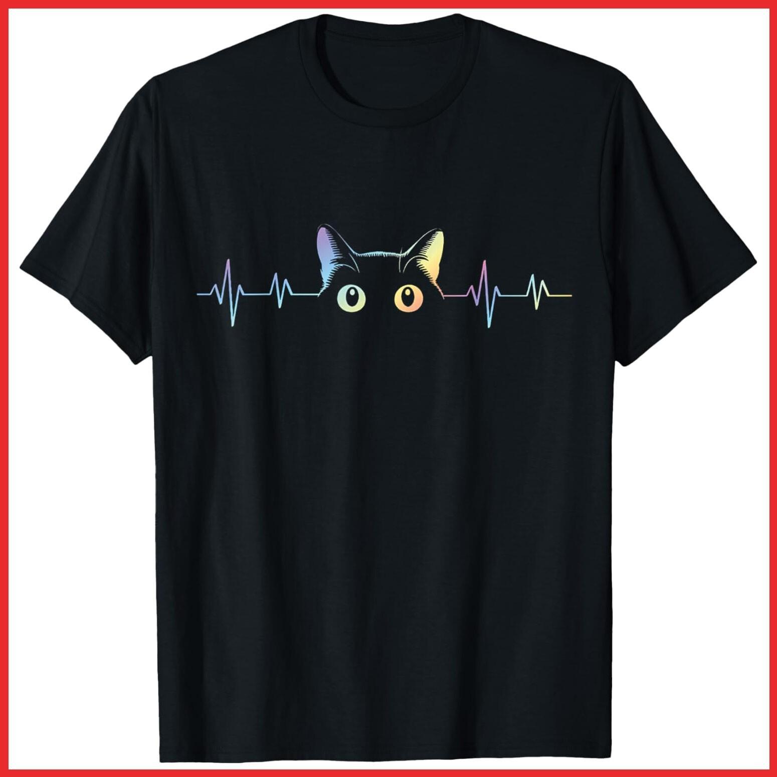 Heartbeat Cat Lover Animal Silhouette Cute Cat Black Cotton T-Shirt S-5XL XXL