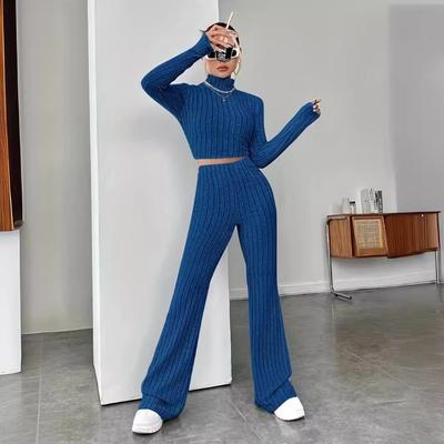 2024 Primavera Novo Terno de Malha de Mangas Compridas Calças Soltas Conjunto de Duas Peças Gola Alta Umbigo Camiseta e Calças Trompete