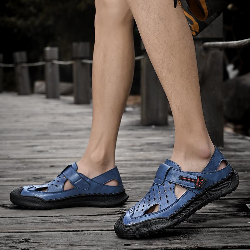 Herren-Sandalen aus echtem Leder, handgenäht, atmungsaktiv, lässig, weich