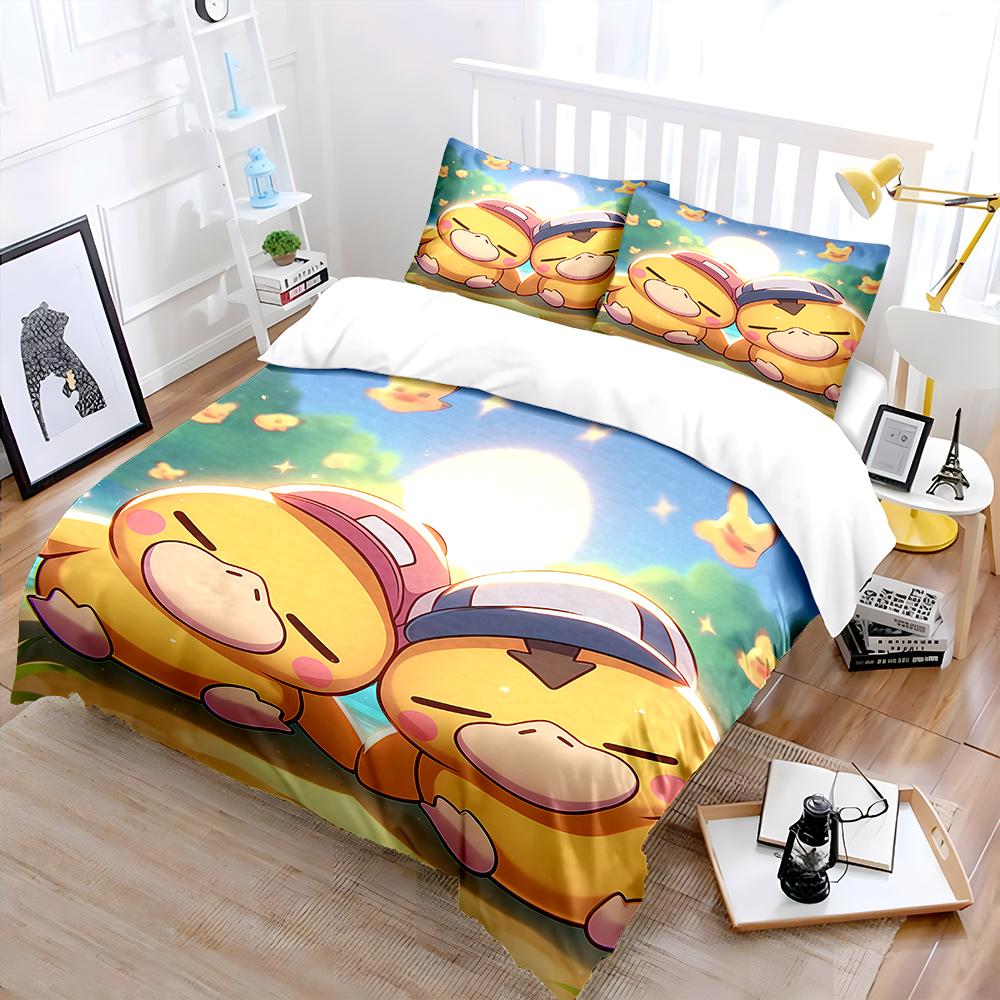 Free Shipping! Cute P-Psyduck Theme Bedding Set 3 Pieces Quilt Cover Pillowcase  Us Twin Adult Bed Cover Bedroom Set Kids Gift