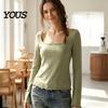 Regular Fit Women Tops Square Collar Blouse, Ruffle Cuff Hem Bell Sleeve Top, Office Wear Blouse Breathable Solid Color Casual Shirt for Early Autumn