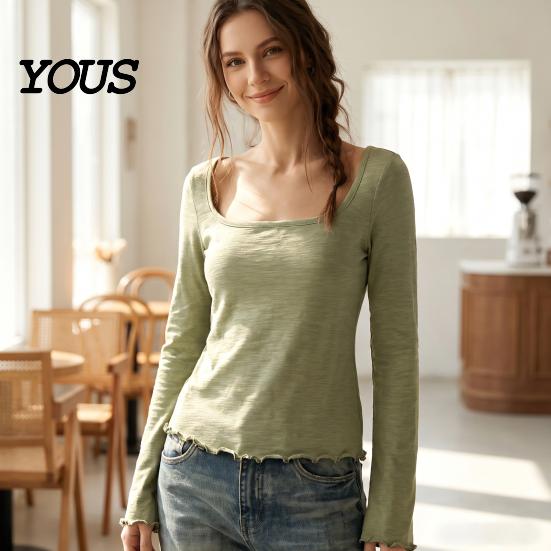 Regular Fit Women Tops Square Collar Blouse, Ruffle Cuff Hem Bell Sleeve Top, Office Wear Blouse Breathable Solid Color Casual Shirt for Early Autumn