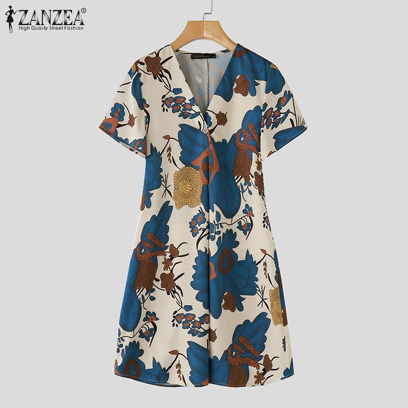 ZANZEA Women Casual V-Neck A-Line Short Sleeve Printed Dresses