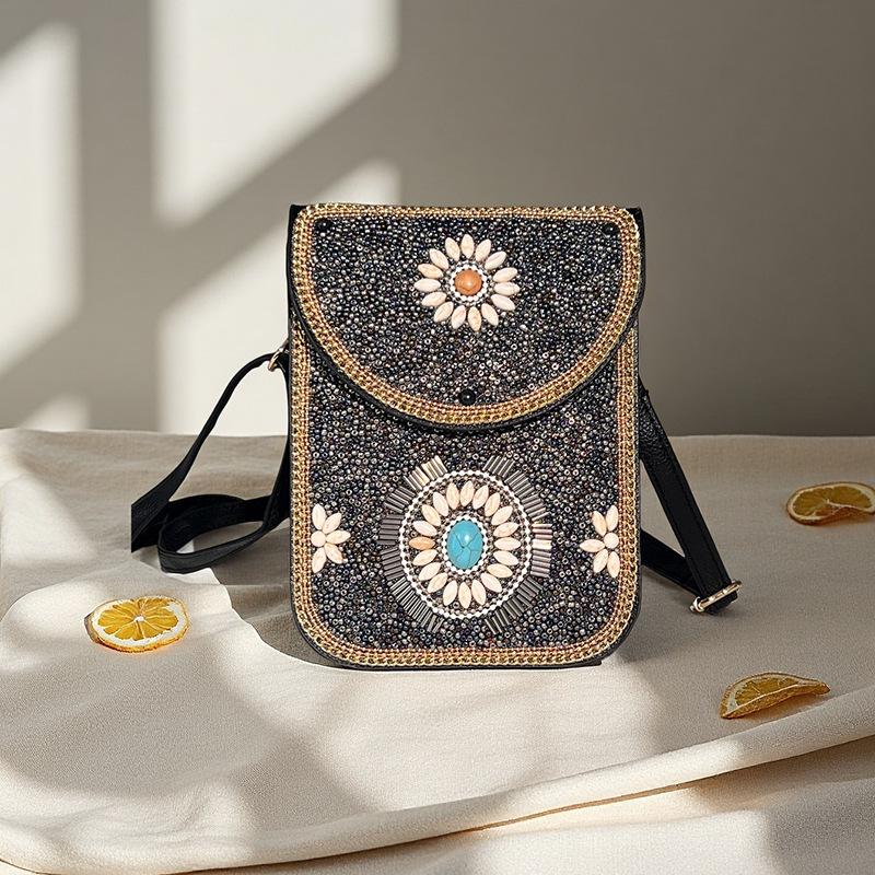 Women's Small Crossbody Cell Phone Bag Boho-Style Colorful Beaded Purse Wallet with Handmade Patterns Lightweight Cell Phone Shoulder Bag for Women