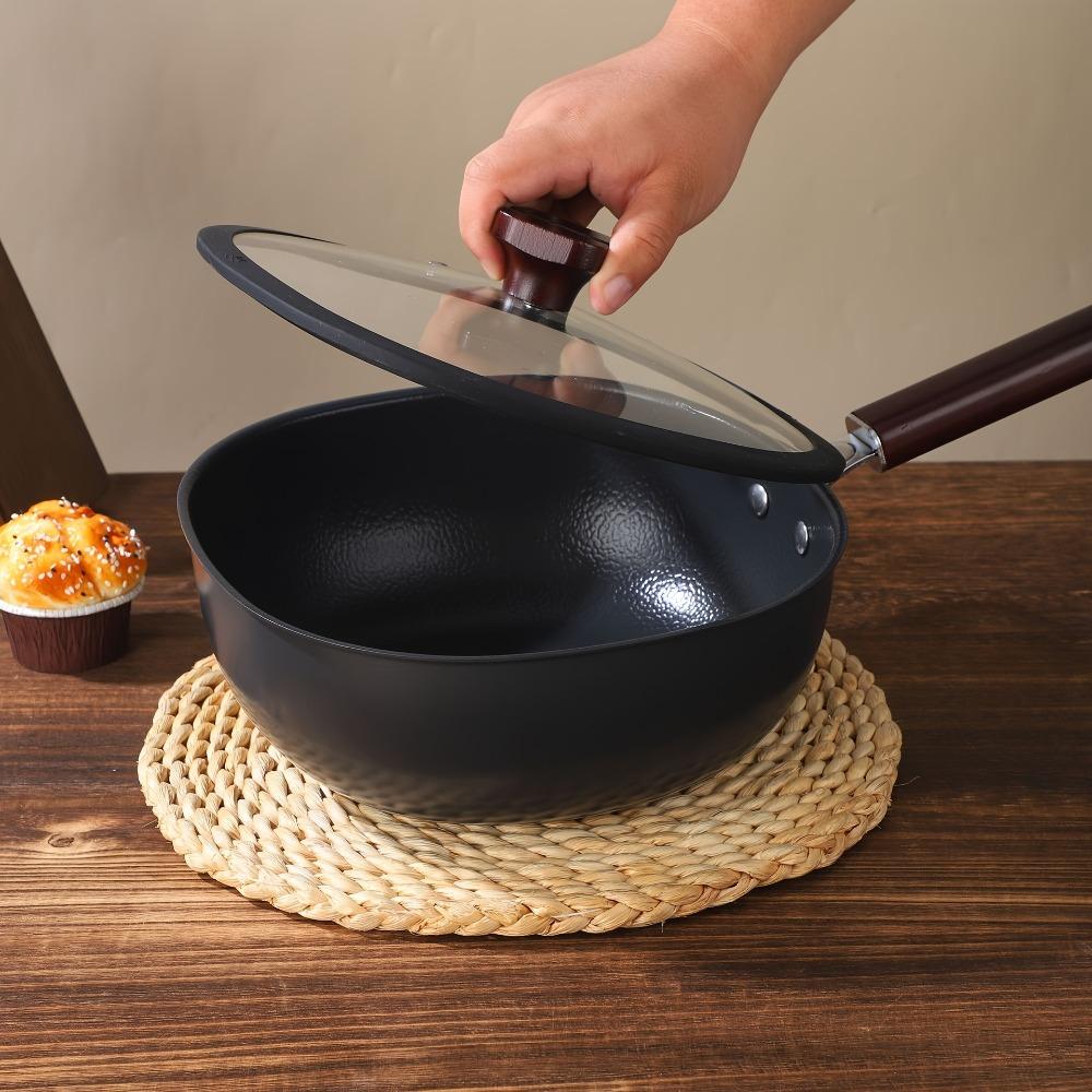 Durable Refined Iron Square Frying Pan No Coating Flat Bottomed Wok Wood Handle with Visible Cover Nonstick Pan Chef