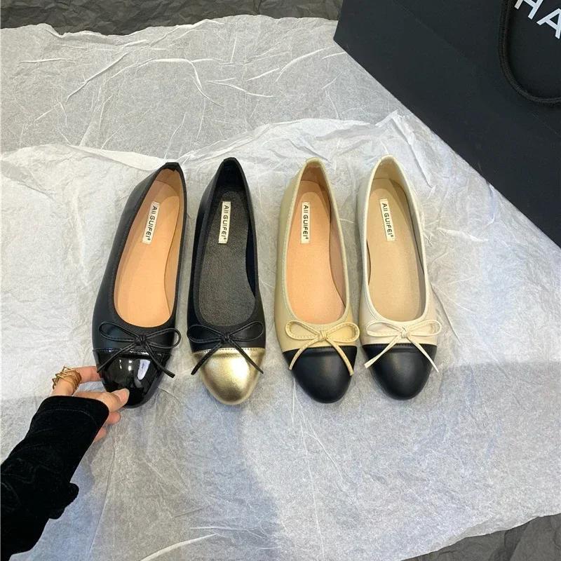 Fashion Women Leather Flat Shoes Fashionable Round Toe Casual Ballerina Bow Ballet Shoes Soft Moccasin Black with Beige  Lolita Shoes