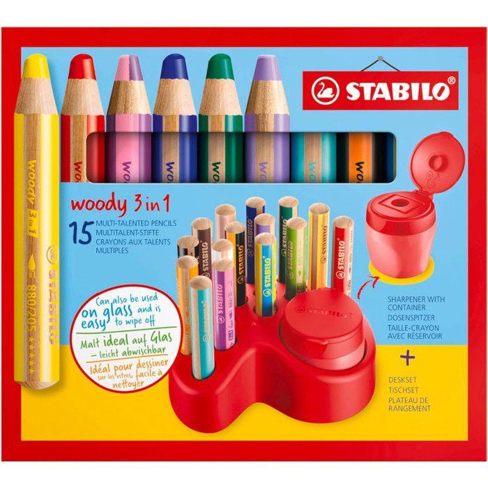 Crayons multi-talents - STABILO - Woody 3in1 - 15 crayons - Taille-crayon inclus - Plateau de rangement