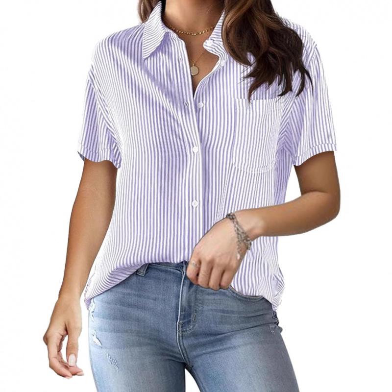 2026 Spring/Summer New Women's Fashion Printed Striped Cardigan Top Casual Stylish Short Sleeve Shirt for Women