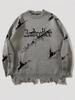 Distressed Ripped Men's Sweater - Autumn/Winter Frayed Letter Jacquard Knit Top Trendy 6001
