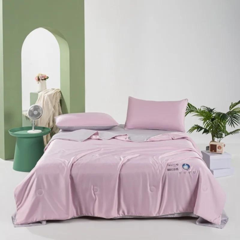 2025 new solid color heat transfer washed Tencel Xia Liang quilt double cool silk machine washable quilt 4-piece set