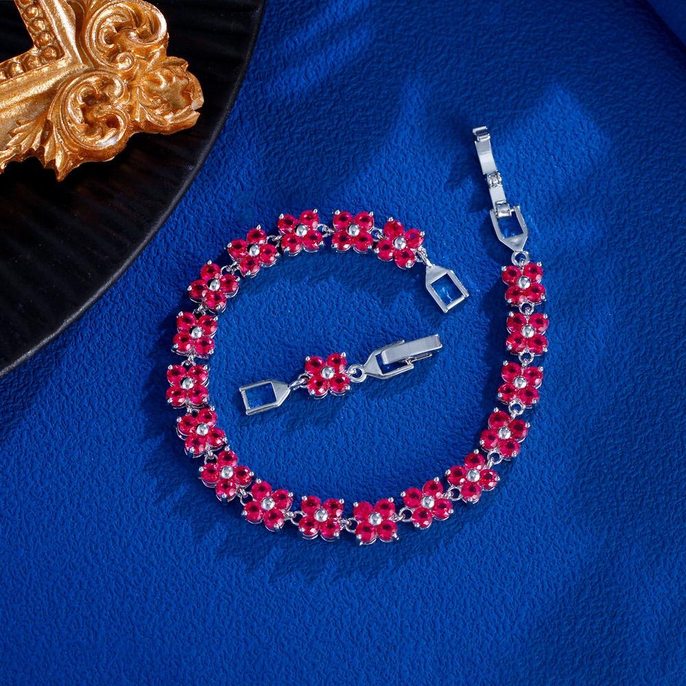 Pera Lovely White Gold Color 4 Leaf Flower Cubic Zirconia Women Fashion Jewelry Tennis Chain Bracelet Bangle with Red Stone B008