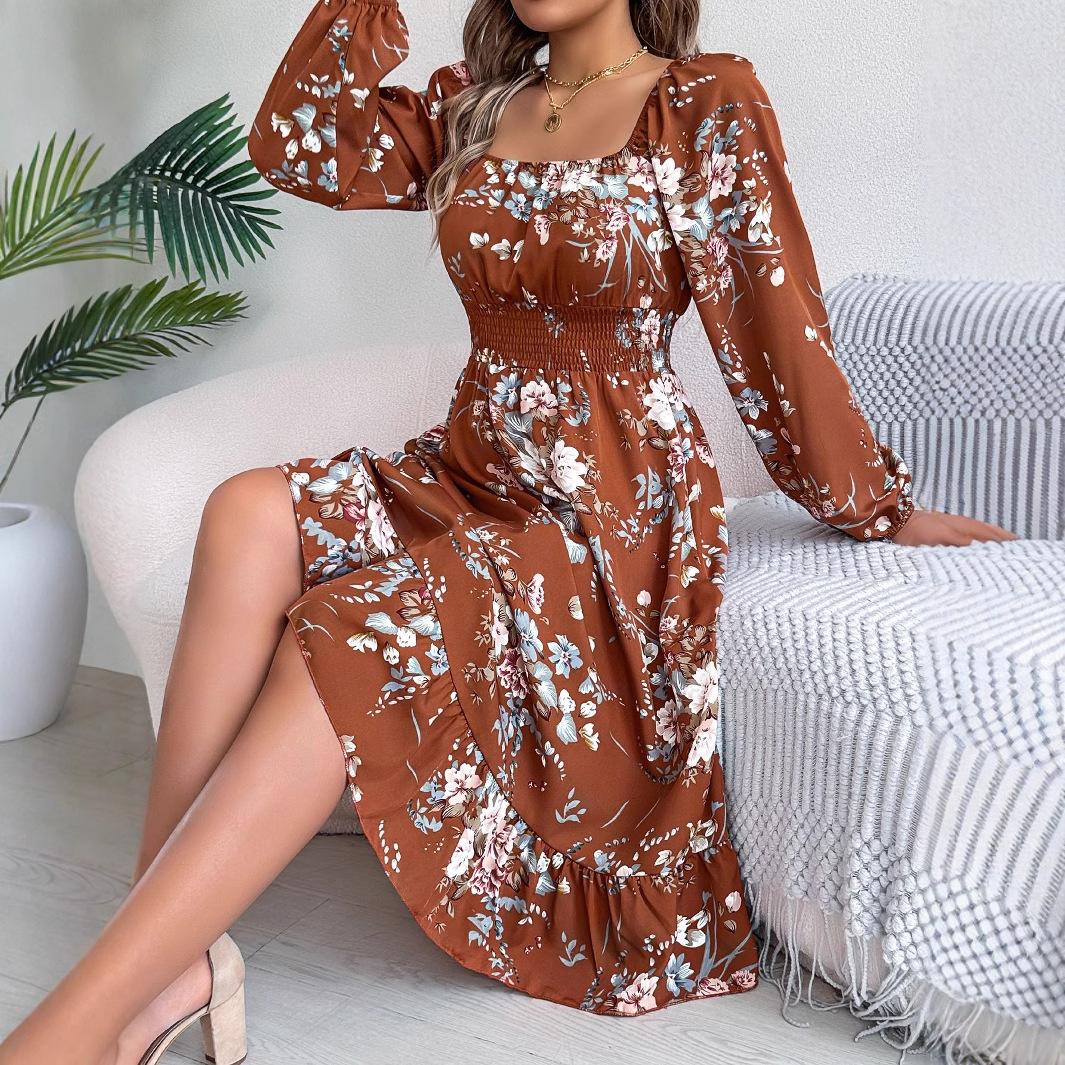 

GMXIA Spring Summer Elegant Flower-patterned, Long-sleeved, Waist-cinched, Ruffled A-line Dress for Women s Wear S коричневий