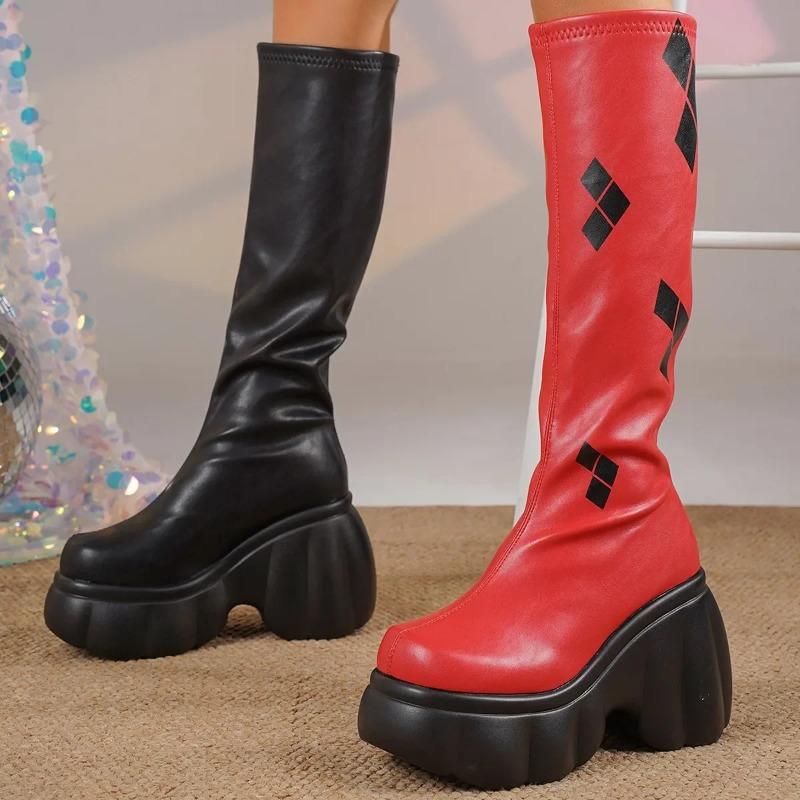 Fashion 11CM Women Punk Style Autumn Chunky Platform High Boot Party Shoes Ladies Black Red Mixed Thick Heels Elastic Knee High Boots