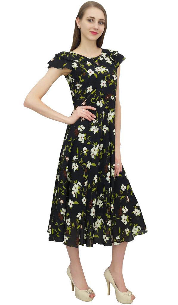 Bimba Women's Ruffly Sleeve Digital Floral Printed Black Cotton Party