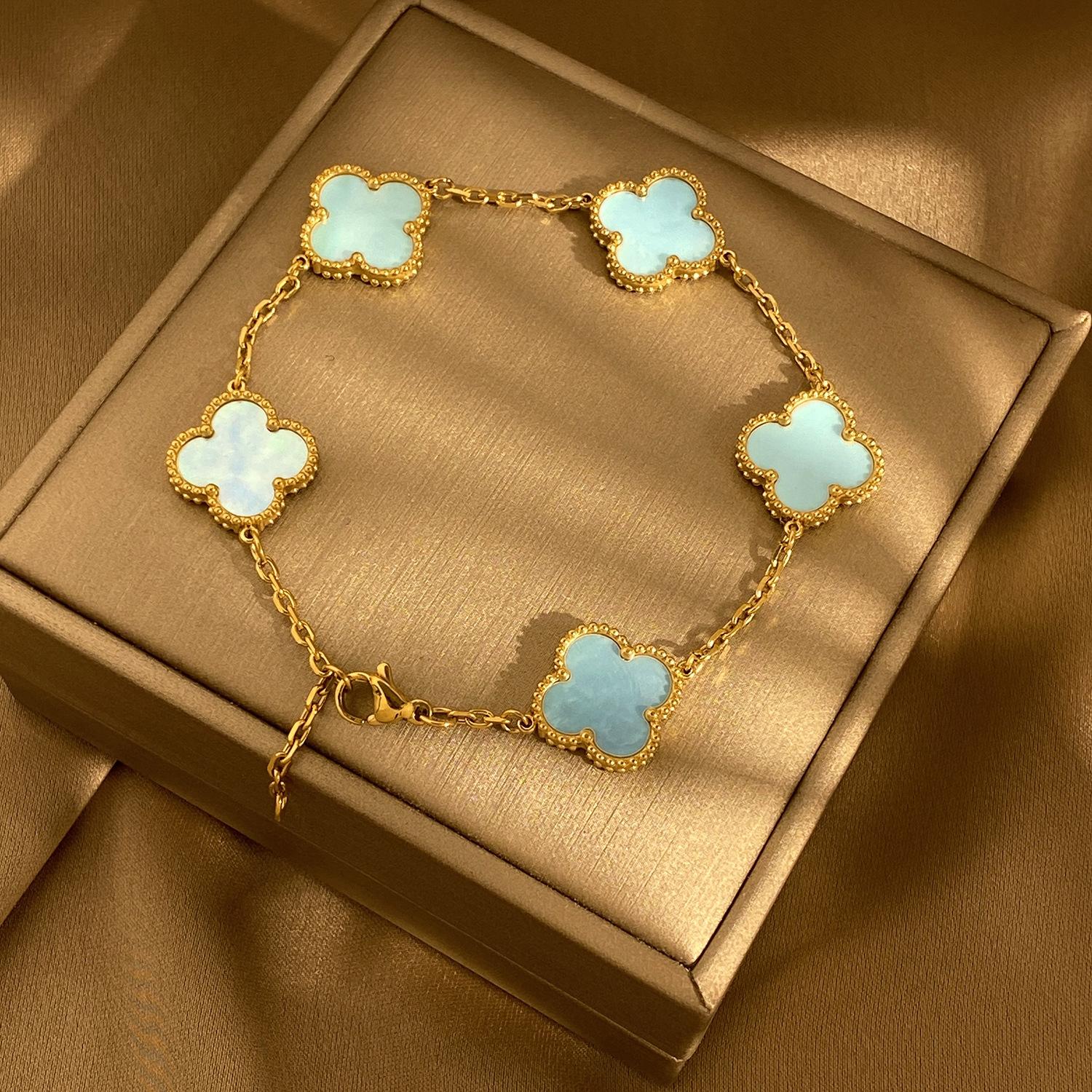 

Браслет из тонкого натурального настоящего перламутра 15 мм в виде четырехлистного клевера и пяти цветов, вакуумное толстое покрытие 18K из титановой стали