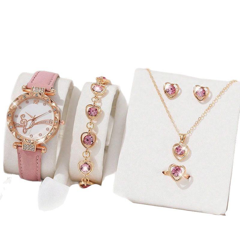 Ceas Elegant pentru Doamne Set de 6 Piese Inel Inimă Colier Cercei Set Brățară Curea PU Ceas cu Cuarț pentru Doamne