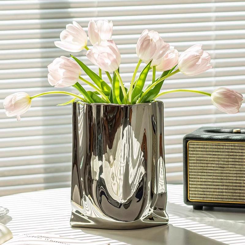 WTEMPO Ceramic Silvery Flower Vase Crinkle Paper Shaped Decorative Large Vase Ornaments for Living Room Home Decorations