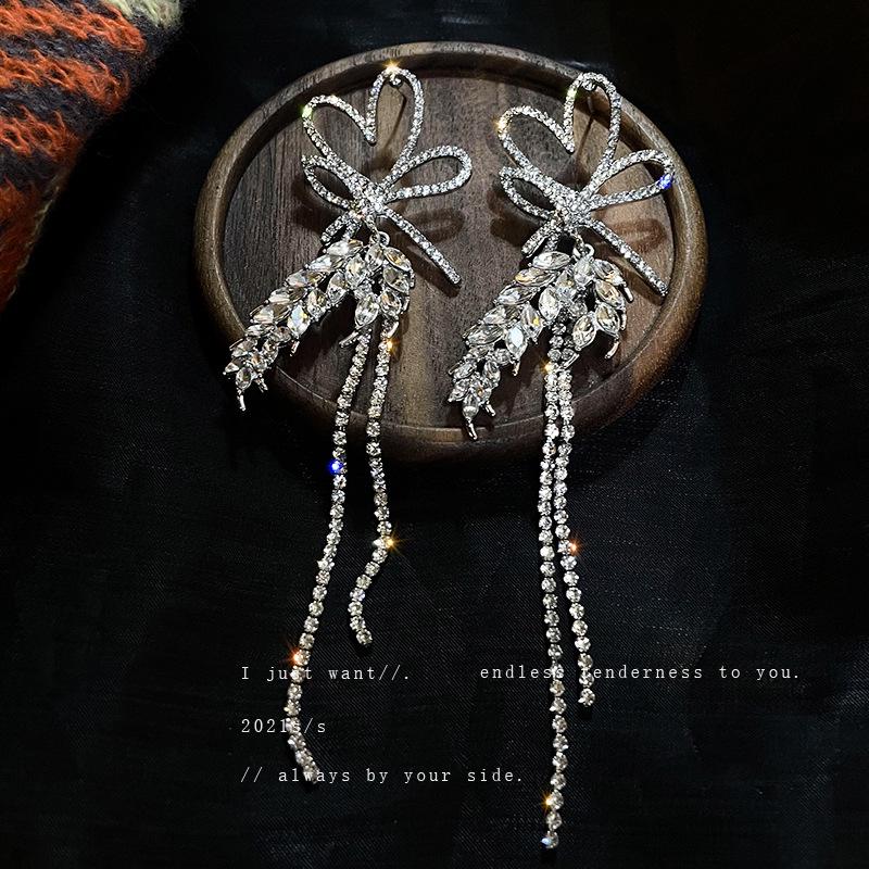 Silver Needle Diamond Heart Earrings: European & American Fashion Long Tassel Bow, Vintage Style for Women.