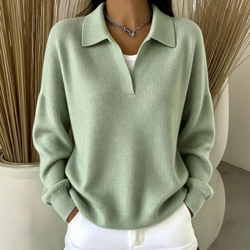 Women's V-Neck Collared Ribbed Knit Loose Fit Casual Sweater for Spring and Fall